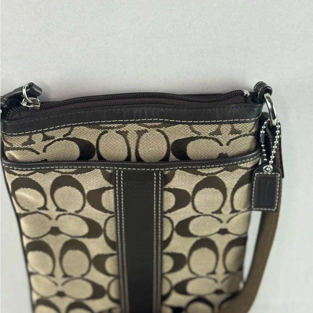 Coach Vintage Small Crossbody Bag Tan Logo Printed Canvas Brown Leather Accents.